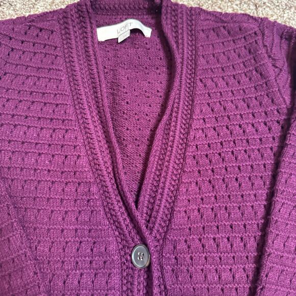 Loft Open Crochet Knit EUC Cardigan Sweater Purple Rayon Sz L Boho Cottagecore - Picture 2 of 8